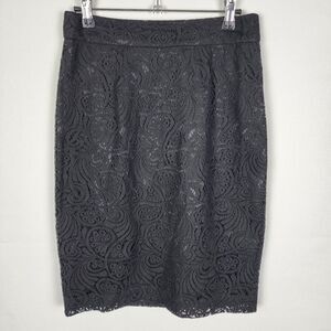 Trina Turk Black Lace Linen & Cotton Blend Lined Pencil Skirt Size 2 Whimsigoth